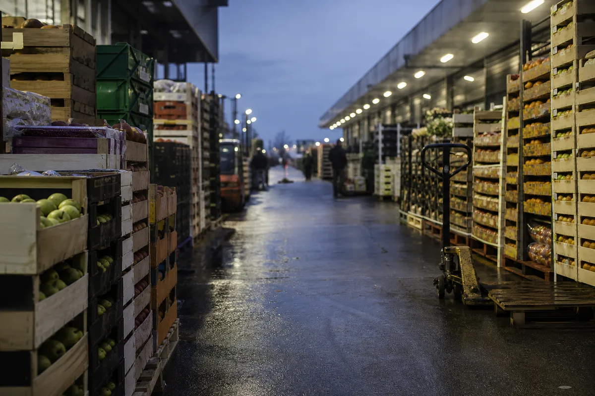 Allée d’un marché de gros avec cagettes de fruits et légumes frais