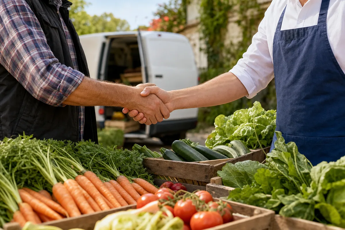 Poignée de main entre un restaurateur et un producteur local devant des cagettes