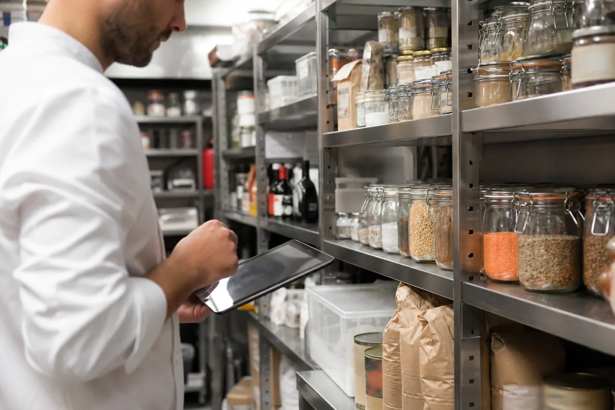 Chef passant une commande sur tablette dans la réserve sèche d’un restaurant