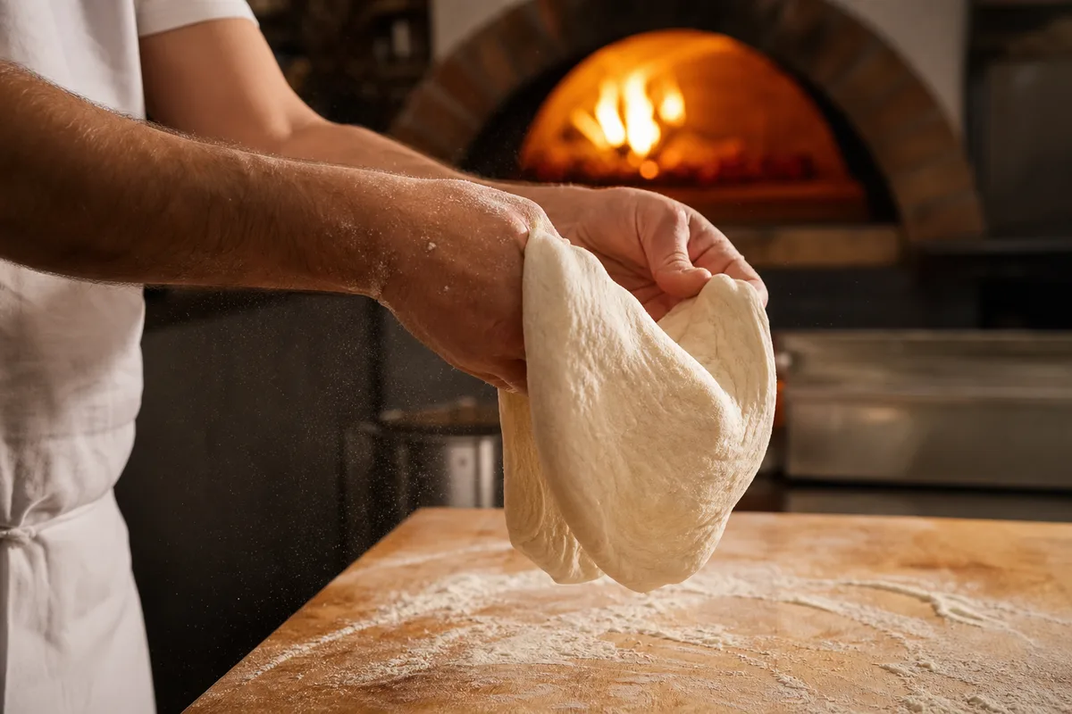 Pizzaiolo étalant une pâte fraîche sur un plan de travail fariné, four à bois allumé en arrière-plan