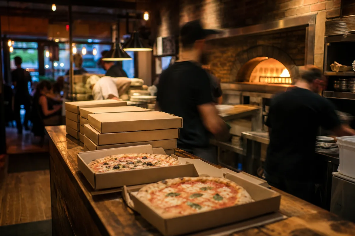 Comptoir animé de pizzeria en plein service du soir, plusieurs pizzas prêtes à servir, four visible à l’arrière-plan