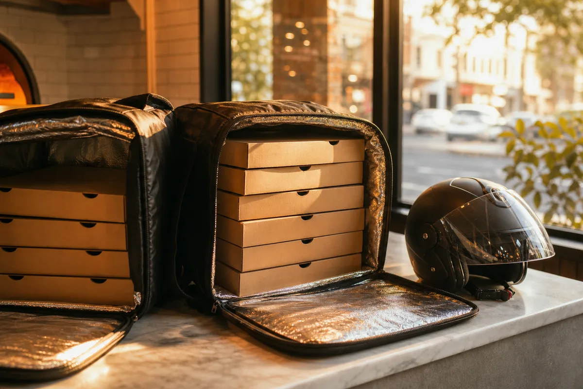 Sacs isothermes garnis de boîtes à pizza posés sur un comptoir de vente à emporter, casque de livraison à proximité
