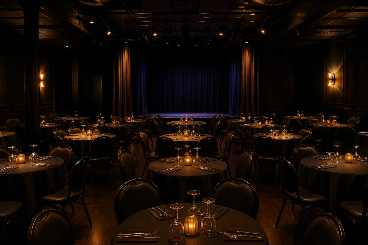 Salle de cabaret aux tables rondes dressées face à une scène, lumière tamisée avant l’ouverture des portes