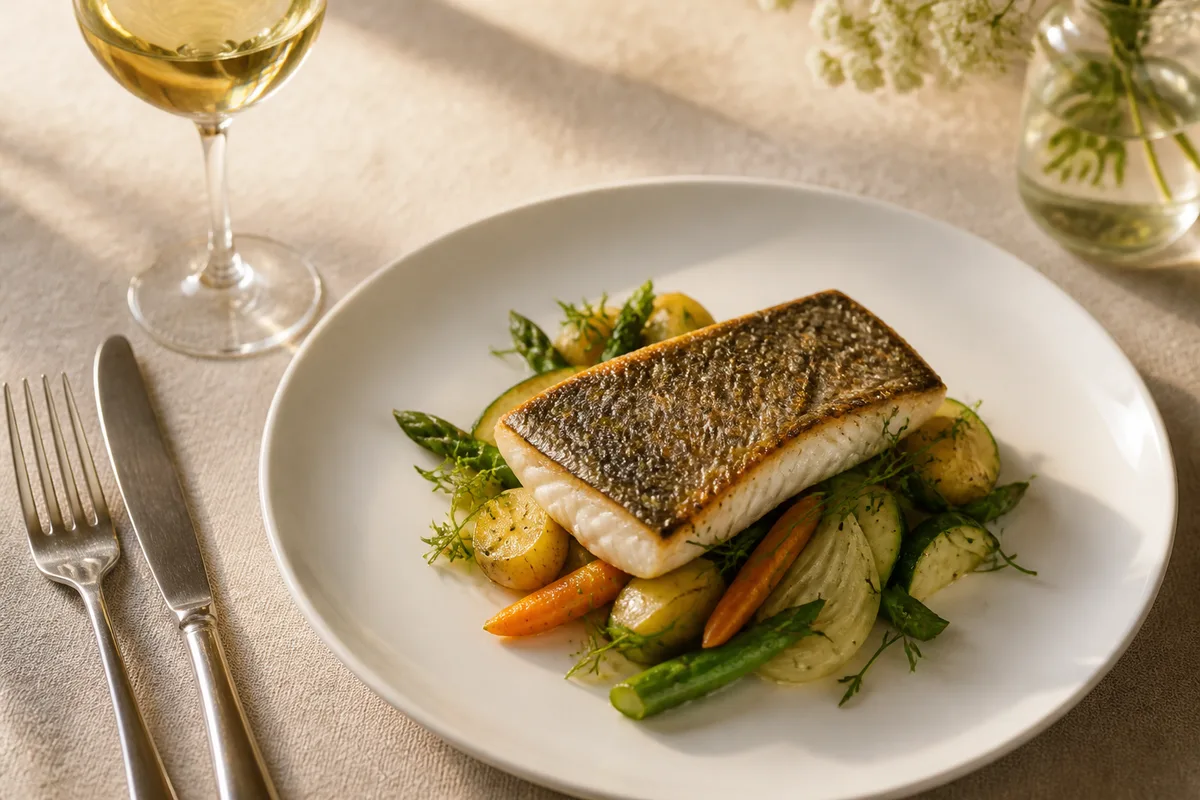 Assiette de poisson grillé et légumes de saison sur une table de bistrot, verre de vin blanc et couverts posés