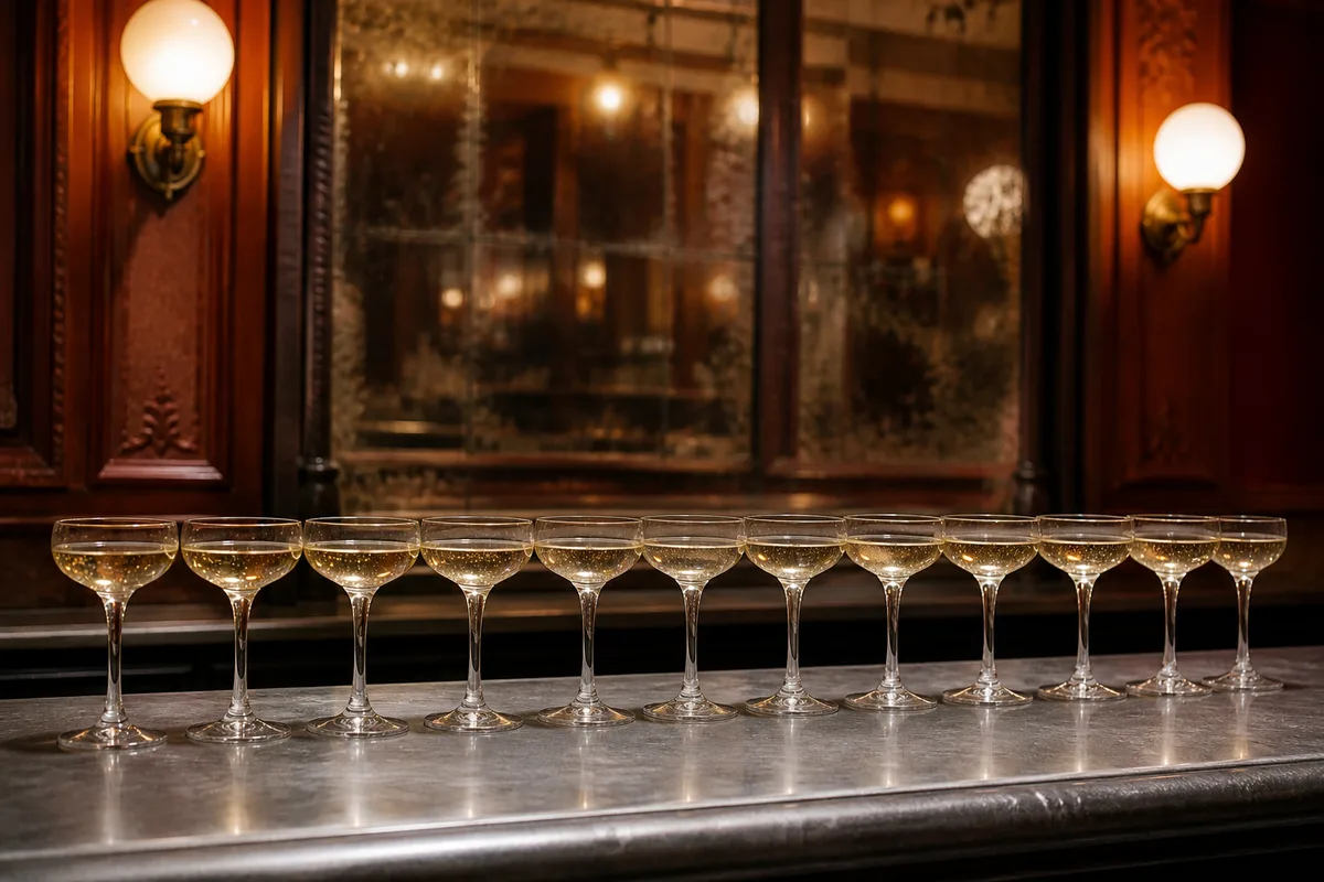 Bar d’une salle de spectacle pendant l’entracte, coupes alignées sur un comptoir de zinc et lumière chaude