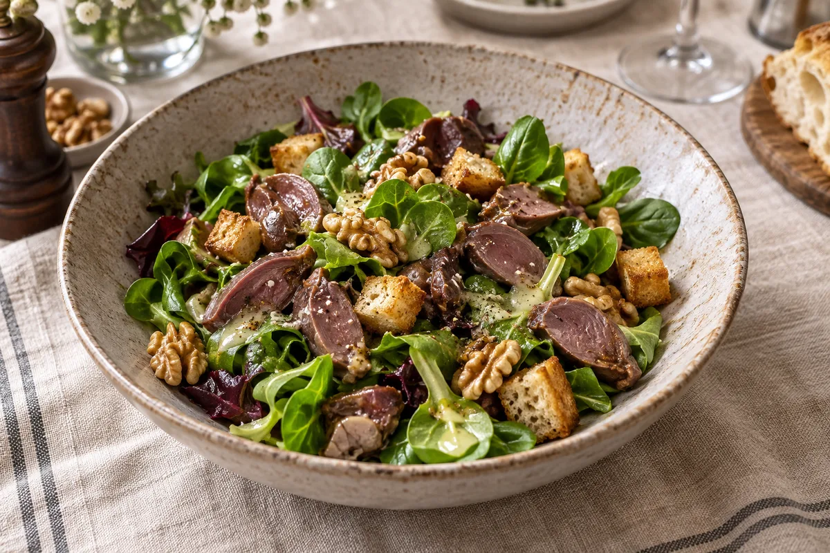 Salade de gésiers confits tièdes sur jeunes pousses et noix