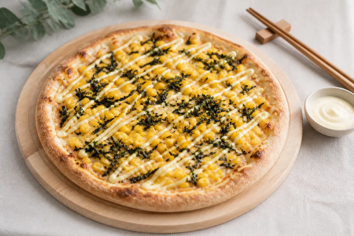 Pizza garnie de maïs doux, mayonnaise et algues séchées posée sur un plateau en bois clair