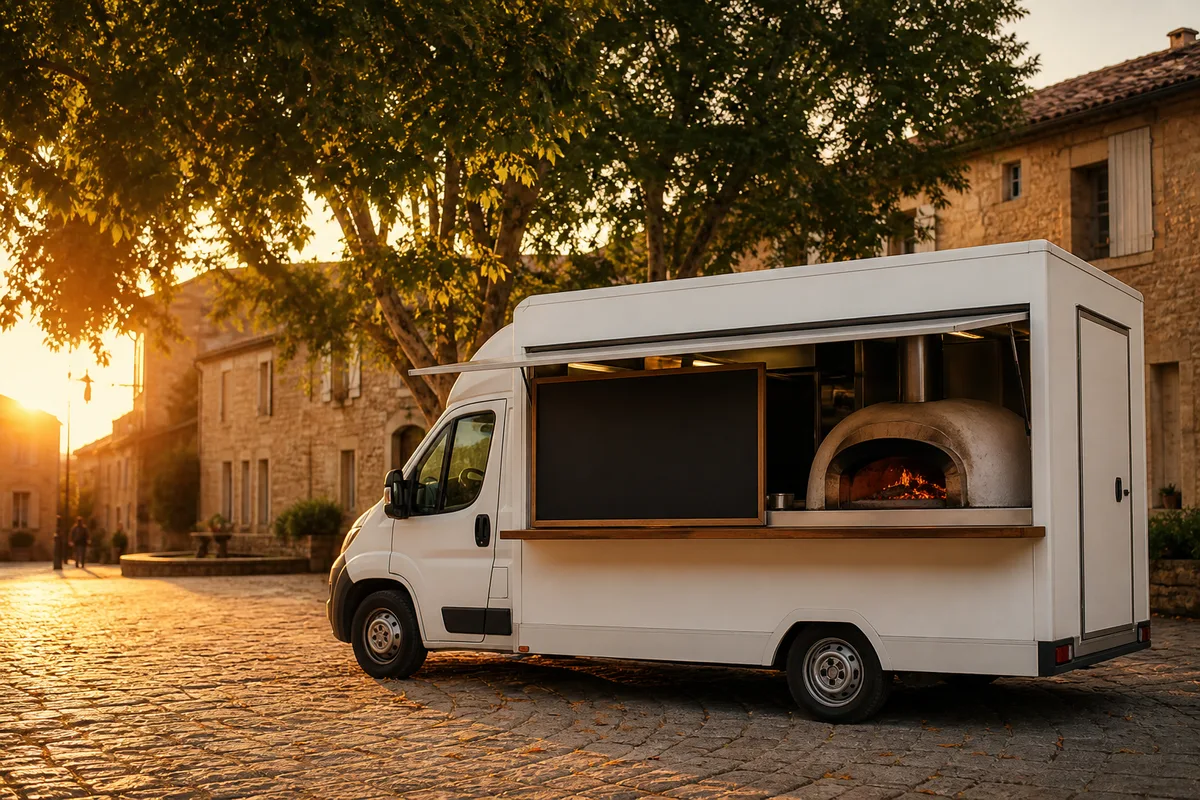 Camion pizza avec four à bois stationné sur une place de village en fin de journée