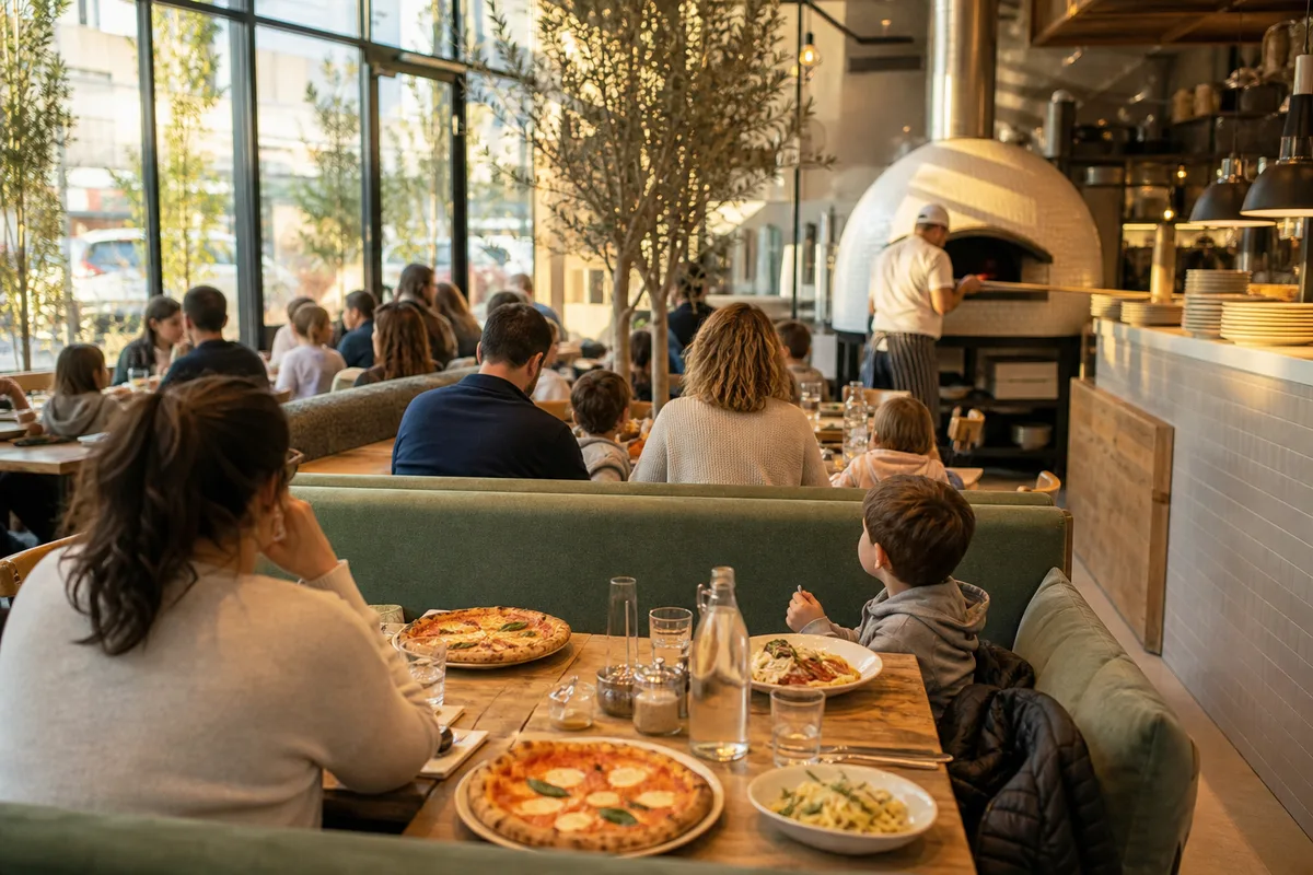 Salle d&rsquo;un restaurant italien de chaîne avec familles attablées et four à pizza en arrière-plan