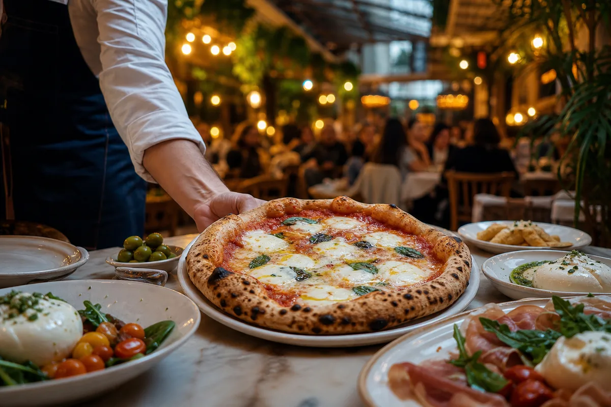 Grande trattoria animée au décor végétal avec pizzas napolitaines servies à table