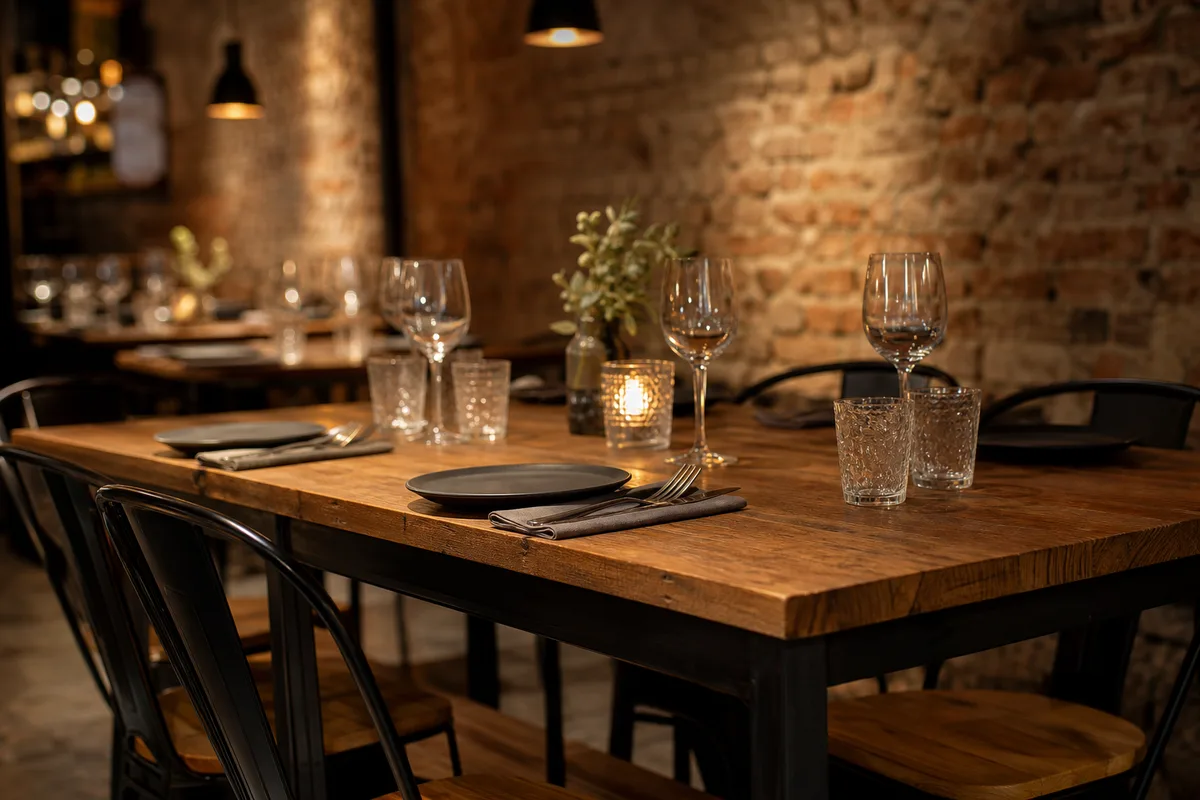 Table en bois massif et chaises en métal noir dans un décor industriel