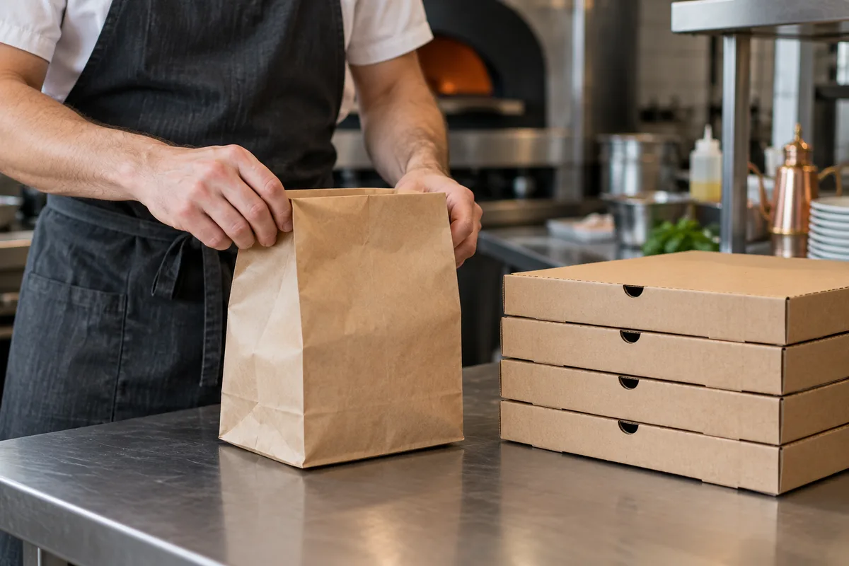 Comptoir de pizzeria avec plusieurs boîtes à pizza fermées empilées, mains d&rsquo;un employé en tablier posant un sac en papier kraft