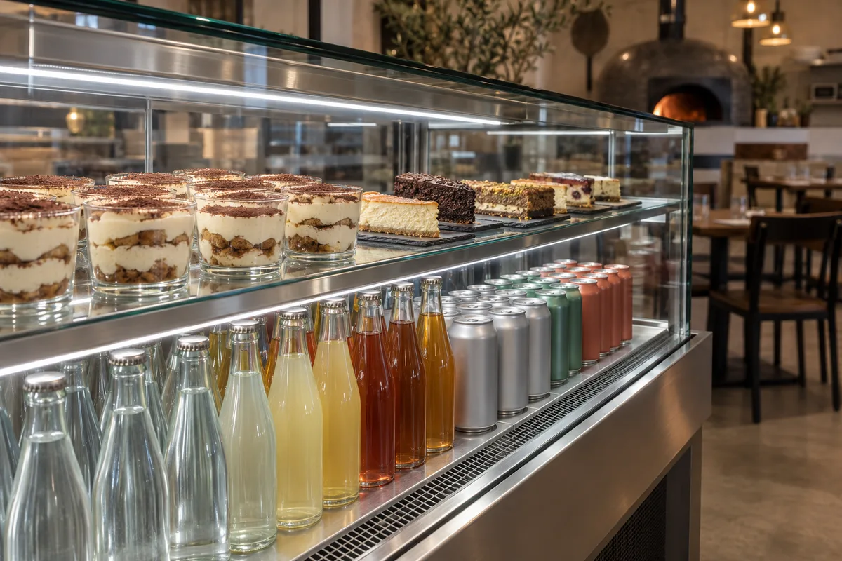 Vitrine réfrigérée de pizzeria présentant des desserts et des bouteilles unies, lumière douce, arrière-plan flou