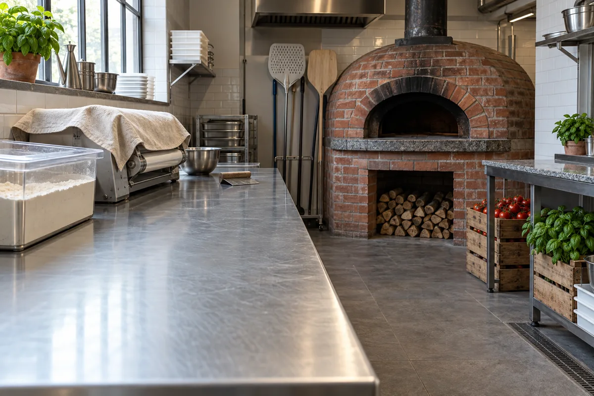 Cuisine de pizzeria vide avant le service, plan de travail en inox propre, four à pizza éteint, cageots de légumes